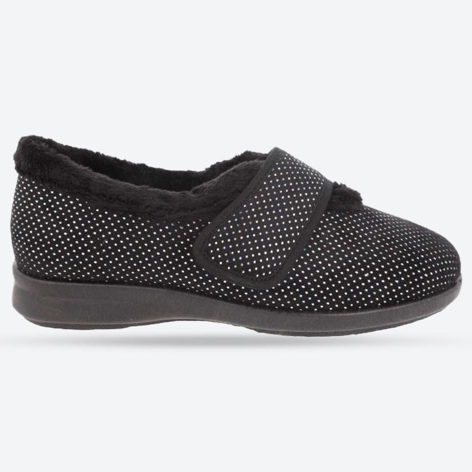 Women's Wide Fit DB Heidi Slippers in Black Velour / Shiny Dot - Image 1