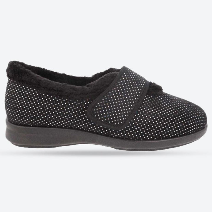 Women's Wide Fit DB Heidi Slippers in Black Velour / Shiny Dot - Image 1