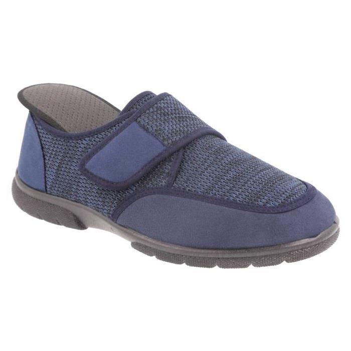 Men's Wide Fit DB Gavin Velcro Slippers in Navy Stretch / Navy Suedette - Image 1