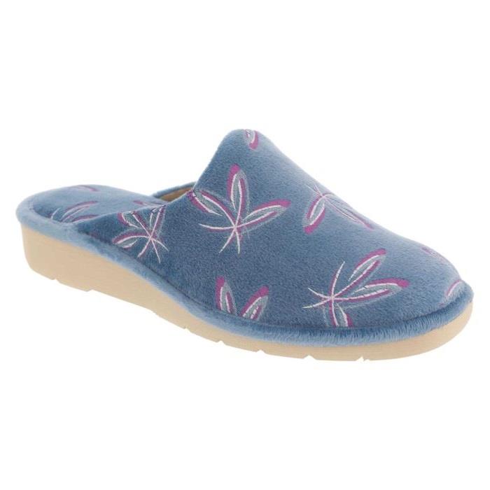 Women's Wide Fit DB Balsam Mule Slippers in Blue Floral Velour - Image 1