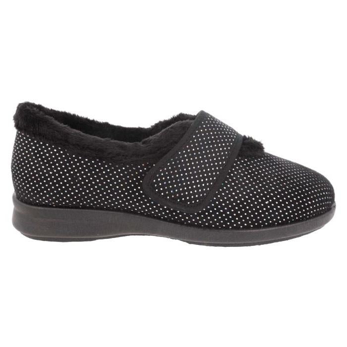 Women's Wide Fit DB Heidi Slippers in Black Velour / Shiny Dot - Image 1