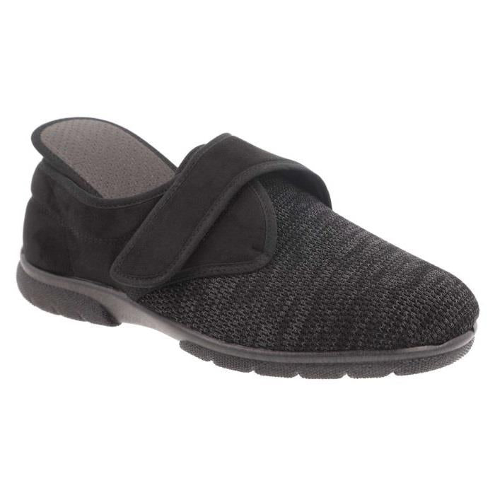 Men's Wide Fit DB Orson Velcro Slippers in Black Stretch / Black Suedette - Image 1
