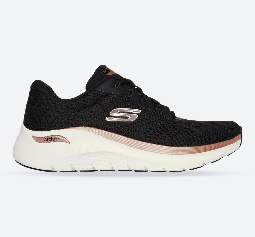 Women's Wide Fit Skechers Arch Fit 150067 2.0 Glow The Distance Trainers in Black/Rose Gold - Image 1