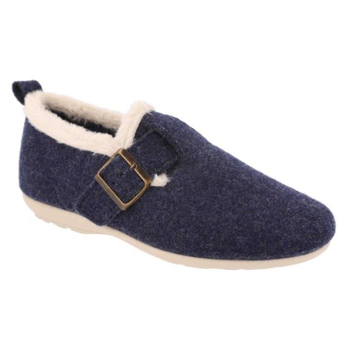 Women's Wide Fit DB Gracie Buckle Slippers in Navy Felt - Image 4