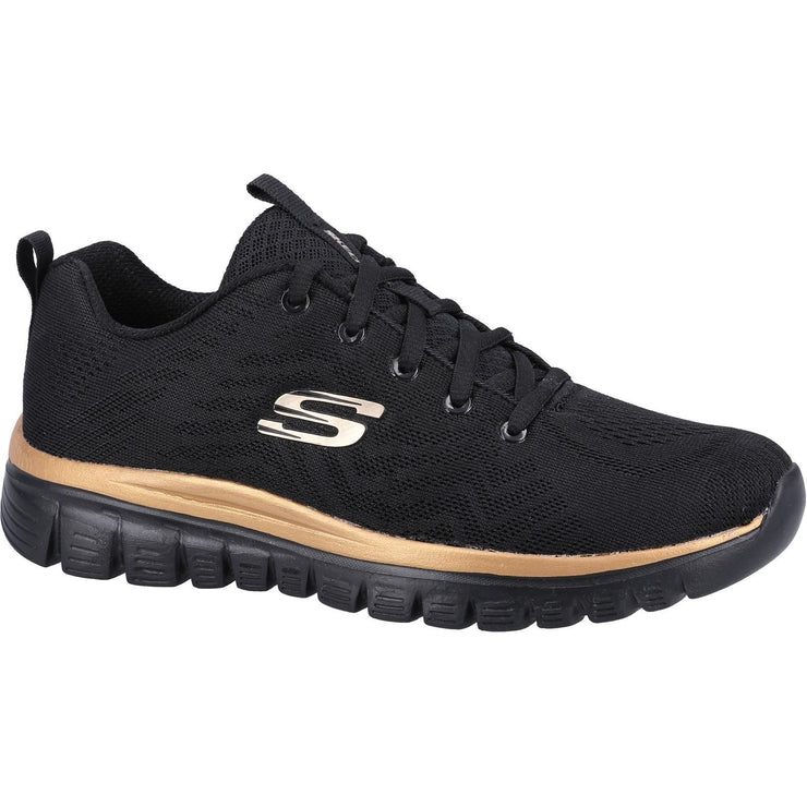 Women's Wide Fit Skechers 12615 Graceful Get Connected Sports Trainers - Black/Rose Gold