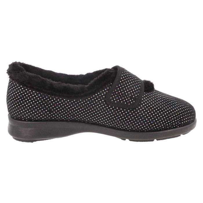 Women's Wide Fit DB Heidi Slippers in Black Velour / Shiny Dot - Image 1