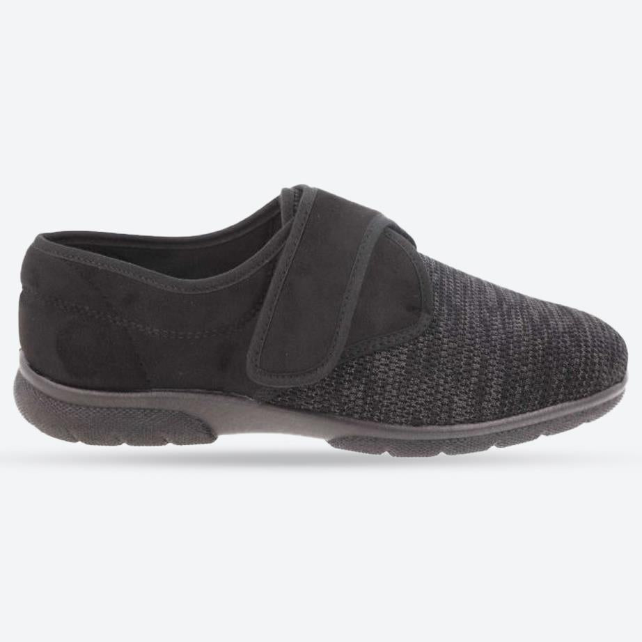 Men's Wide Fit DB Orson Velcro Slippers in Black Stretch / Black Suedette - Image 1