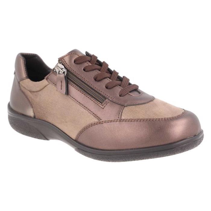 Women's Wide Fit DB Wayfaring Trainers in Brown Leather / Taupe Stretch - Image 4