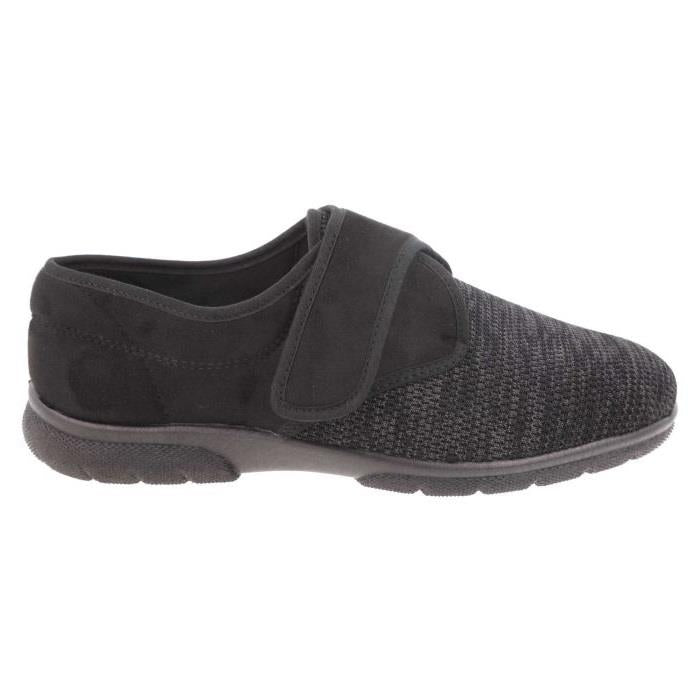 Men's Wide Fit DB Orson Velcro Slippers in Black Stretch / Black Suedette - Image 1