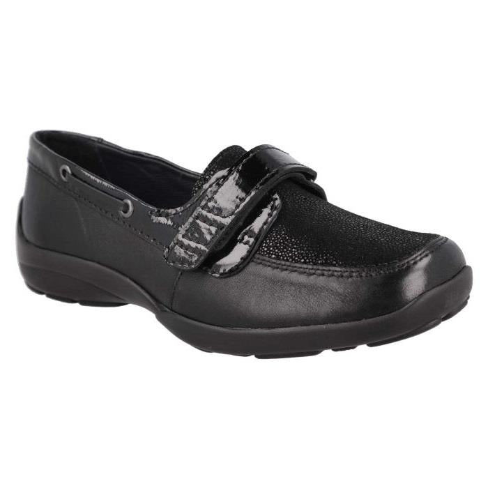 Women's Wide Fit DB Fiddle Shoes in Black Leather / Patent / Spot - Image 2