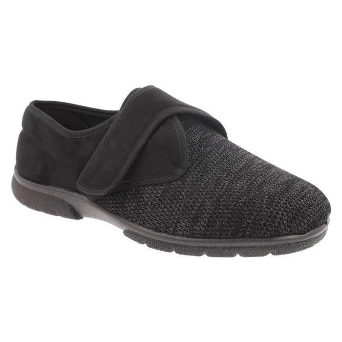 Men's Wide Fit DB Orson Velcro Slippers in Black Stretch / Black Suedette - Image 1