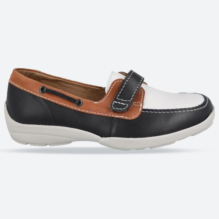 Women's Wide Fit DB Fiddle Shoes in Black Leather / Patent / Spot - Image 1