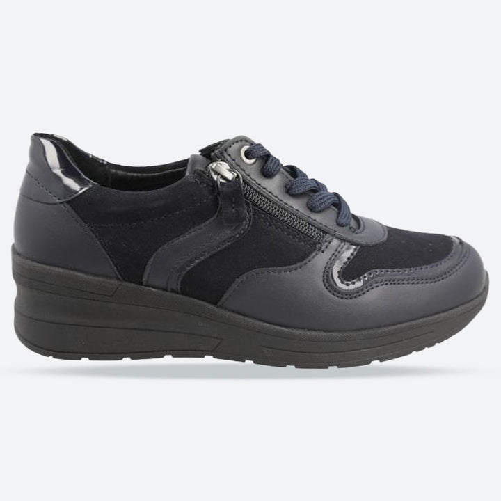 Women's Wide Fit DB Fleet Trainers in Black Crinkly Patent / Snake Lea - Image 1