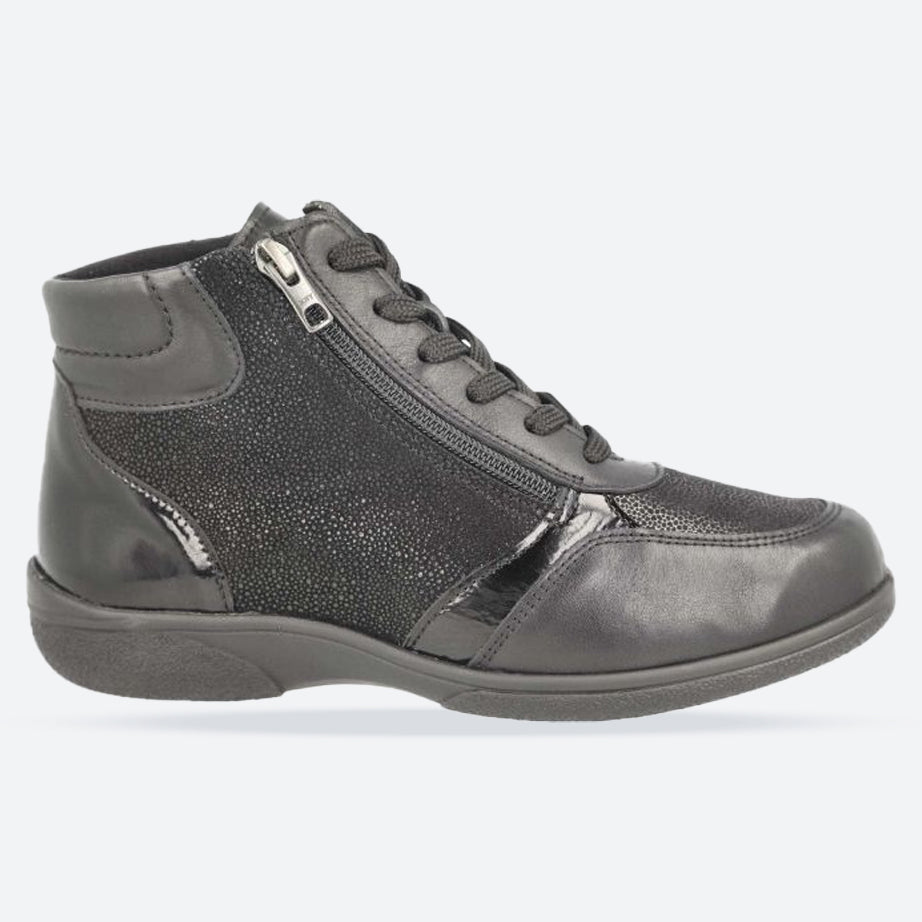 Women's Wide Fit DB Nova Boots in Black Leather / Patent / Stretch - Image 1