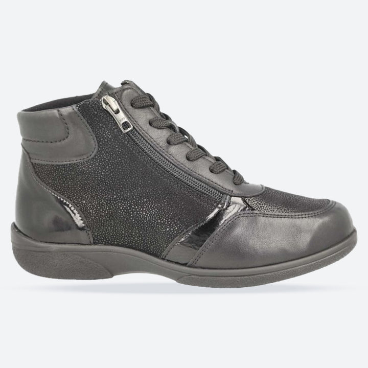 Women's Wide Fit DB Nova Boots in Black Leather / Patent / Stretch - Image 1