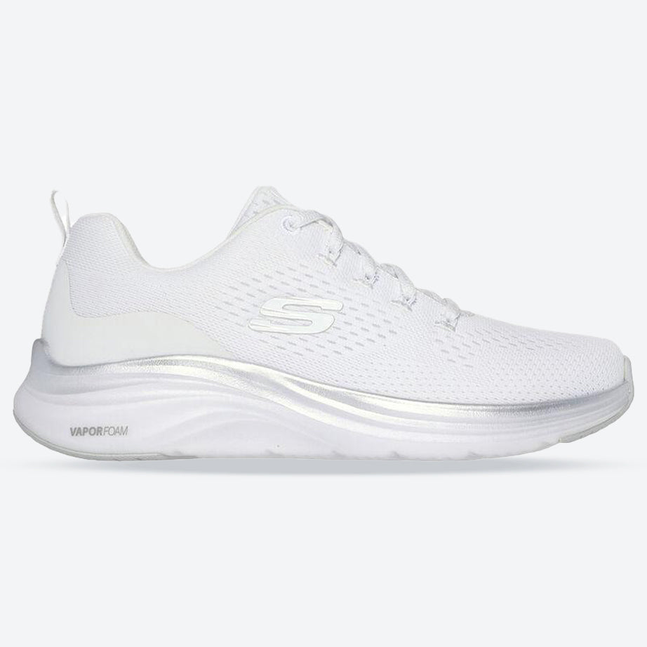 Women's Wide Fit Skechers 150025 Vapor Foam Midnight Glimmer Trainers in White/Silver - Image 7