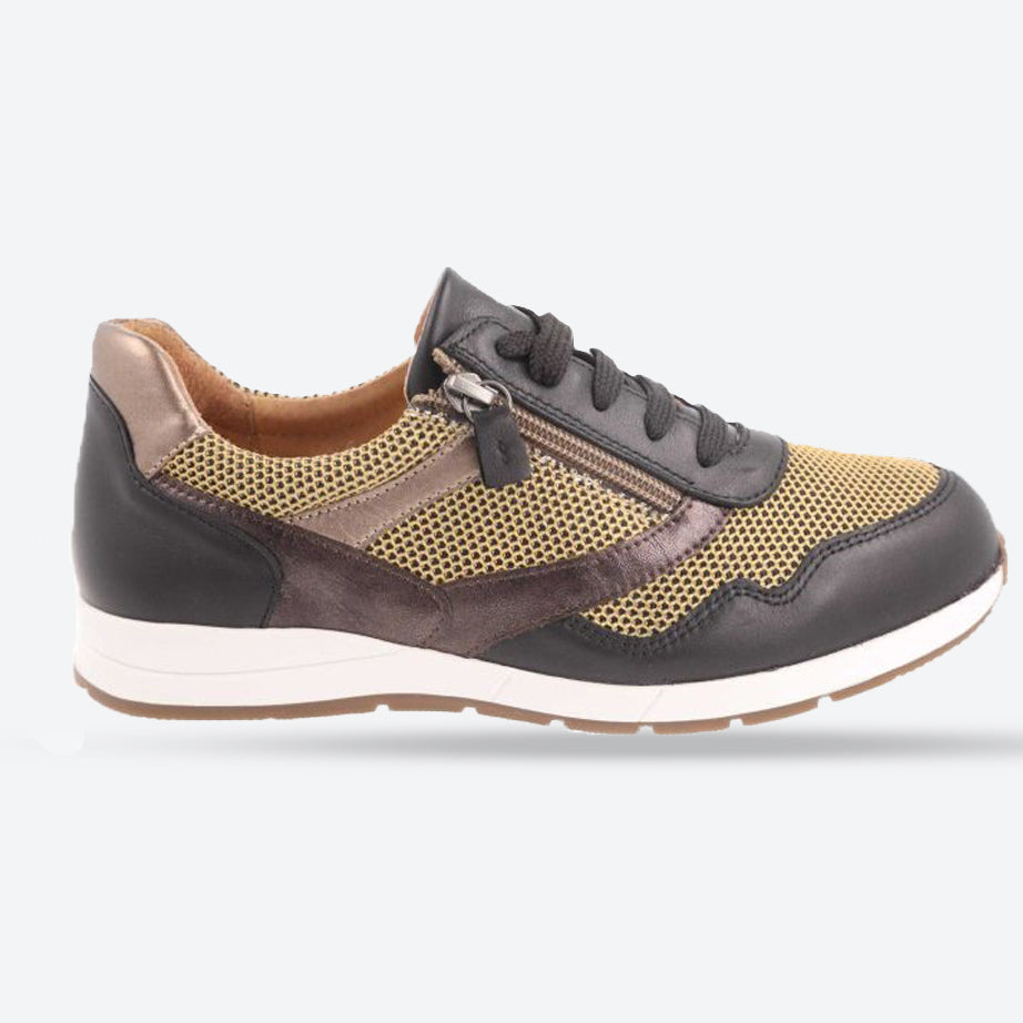 Women's Wide Fit DB Ava Lace Up Trainers in Black Leather / Gold Mesh - Image 1