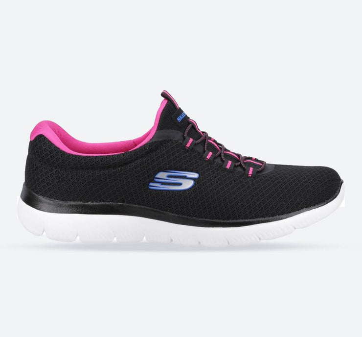 Women's Wide Fit Skechers 12980 Summits Slip On Sports Trainers - Black/Hot Pink
