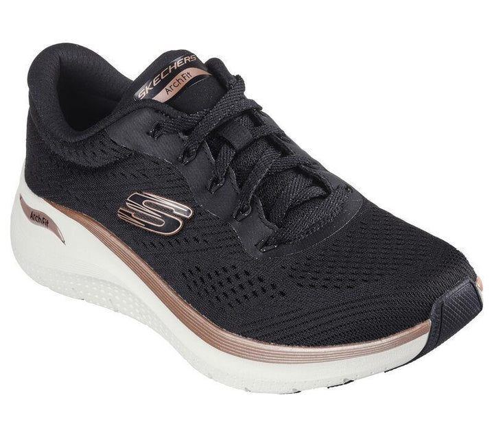 Women's Wide Fit Skechers Arch Fit 150067 2.0 Glow The Distance Trainers in Black/Rose Gold - Image 1
