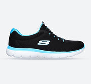 Women's Wide Fit Skechers 12980 Summits Slip On Sports Trainers - Black/Turquoise