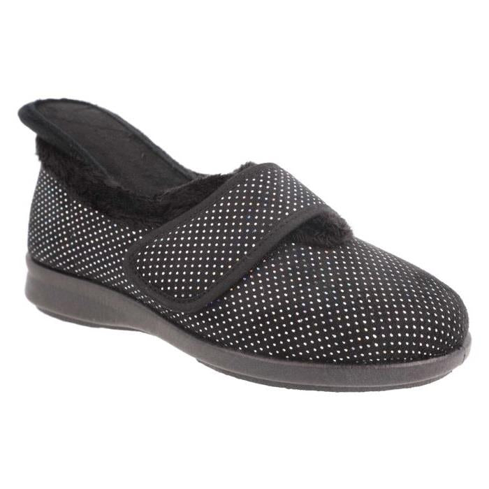 Women's Wide Fit DB Heidi Slippers in Black Velour / Shiny Dot - Image 1