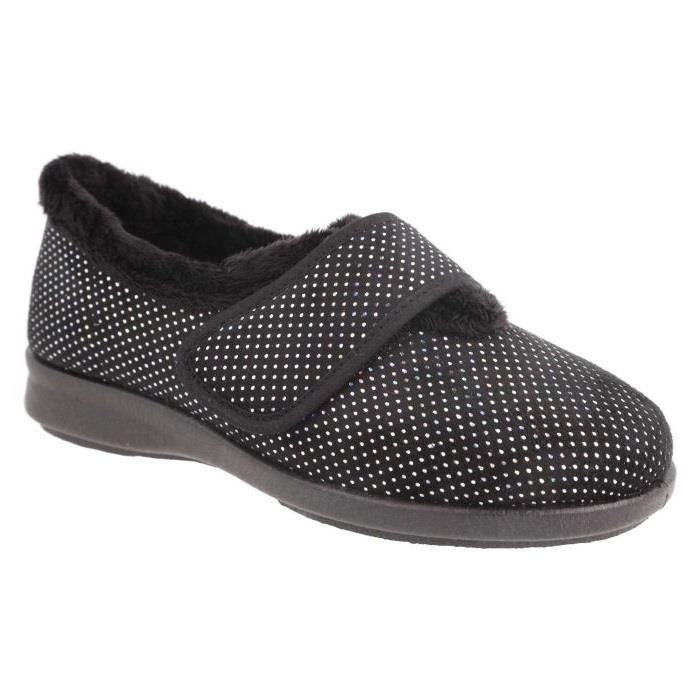 Women's Wide Fit DB Heidi Slippers in Black Velour / Shiny Dot - Image 3