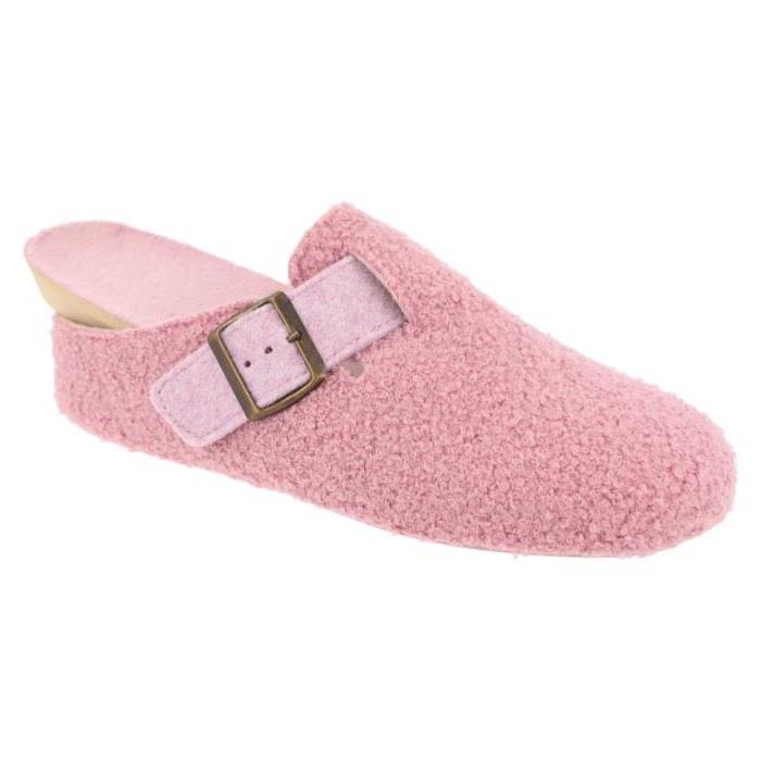 Women's Wide Fit DB Gill Buckle Mule Slippers in Pink Fleece - Image 1