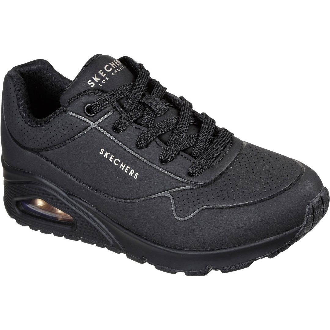 Women's Wide Fit Skechers 73690 Uno Stand On Air Walking Street Wear Trainers - Black/Black