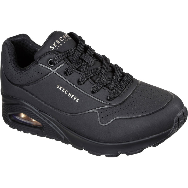 Women's Wide Fit Skechers 73690 Uno Stand On Air Walking Street Wear Trainers - Black/Black