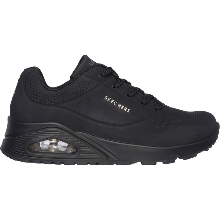 Women's Wide Fit Skechers 73690 Uno Stand On Air Walking Street Wear Trainers - Black/Black